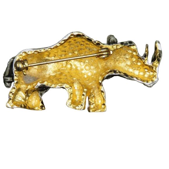 Vintage Rhino Brooch Pin Gold Tone Enamel Grey Red Rhinoceros With Gift Box - Picture 2 of 6